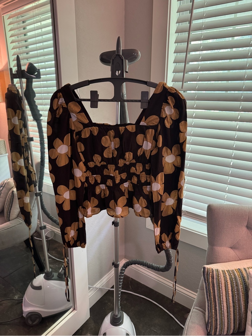 Jacqui E Black Floral Square-Neck Smocked Peasant Blouse
